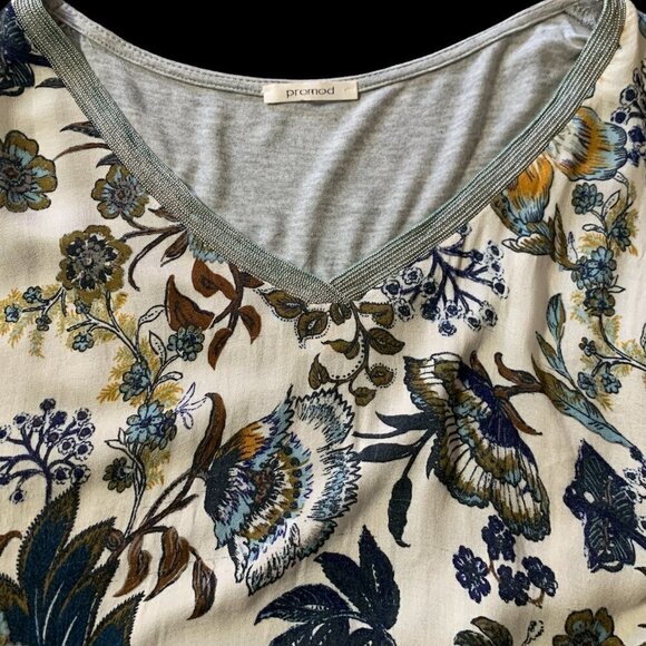 Promod M/L BOHO Colorful Floral Botanical Top Silver Textured Neck Trim 9J - Picture 4 of 7